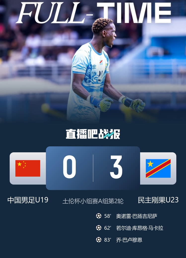 土伦杯U19国足0射门0角球 依合散黄油手0-3负民主刚果U23
