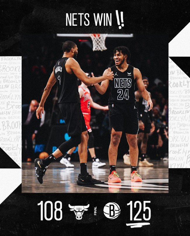 篮网125-108击溃公牛取三连胜 骑士117-114险胜送76人三连败