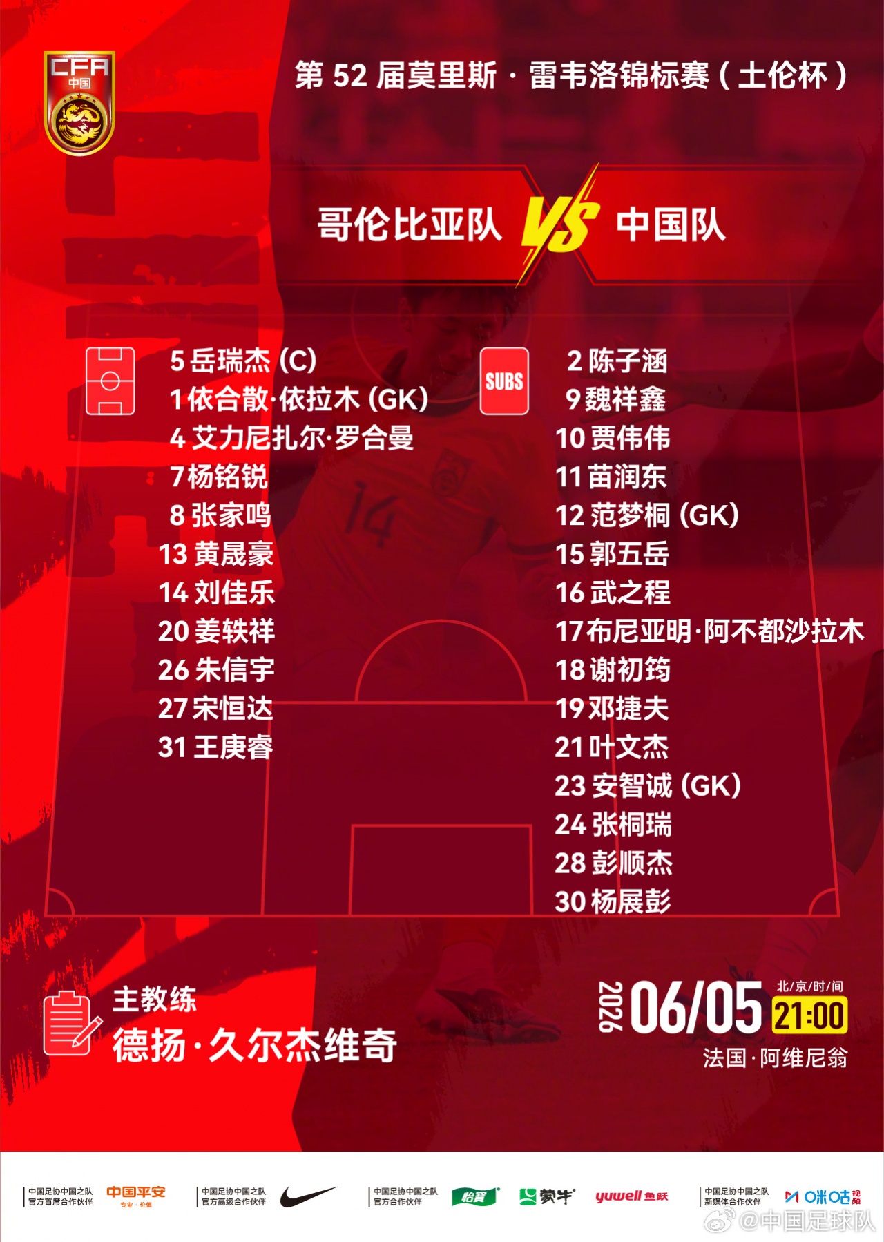 土伦杯末轮：U19国足战哥伦比亚，首发已定